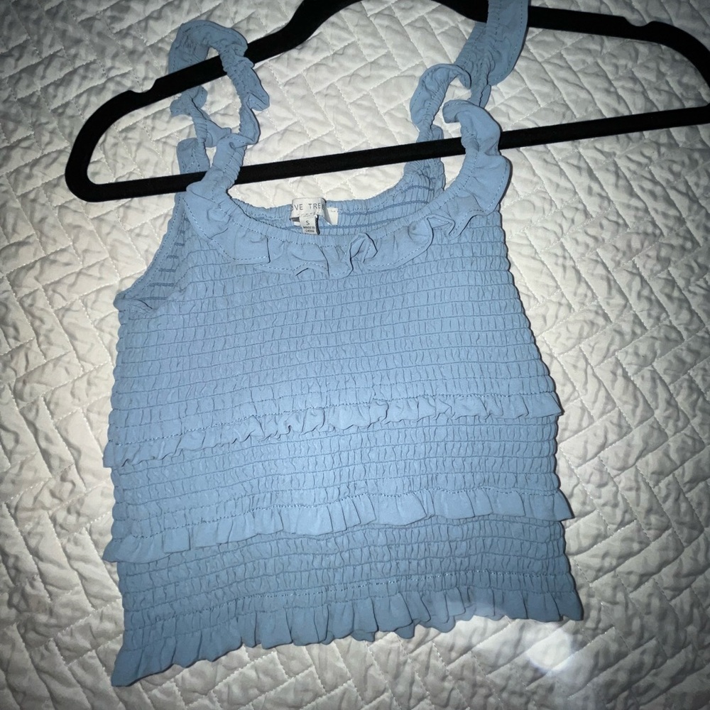 Love tree blue ruffle top